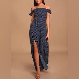 Lulu’s Dream Love Navy Blue Polka Dot Off-the-Shoulder Maxi Dress